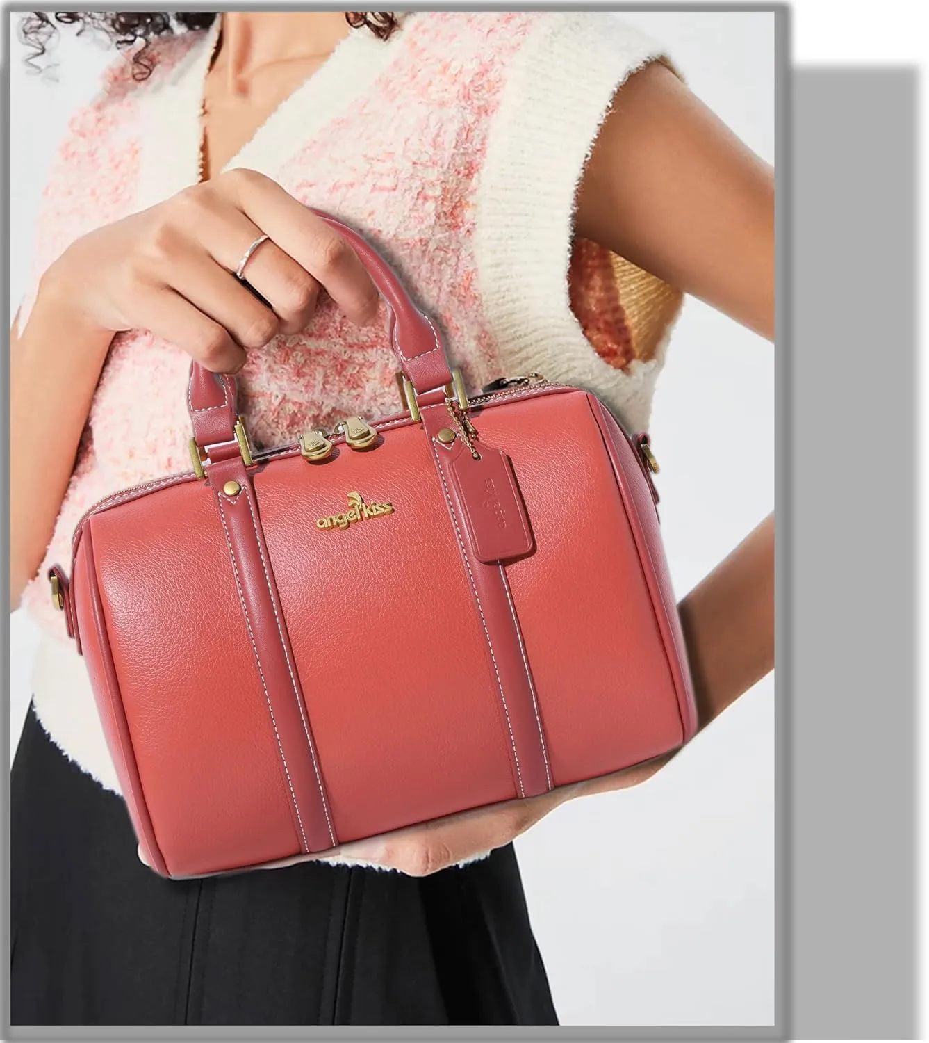 Angel Kiss Women Satchel Purses and Handbags Vegan Leather Boston Barrel Bag Top Handle Shoulder Purse with Crossbody Strap