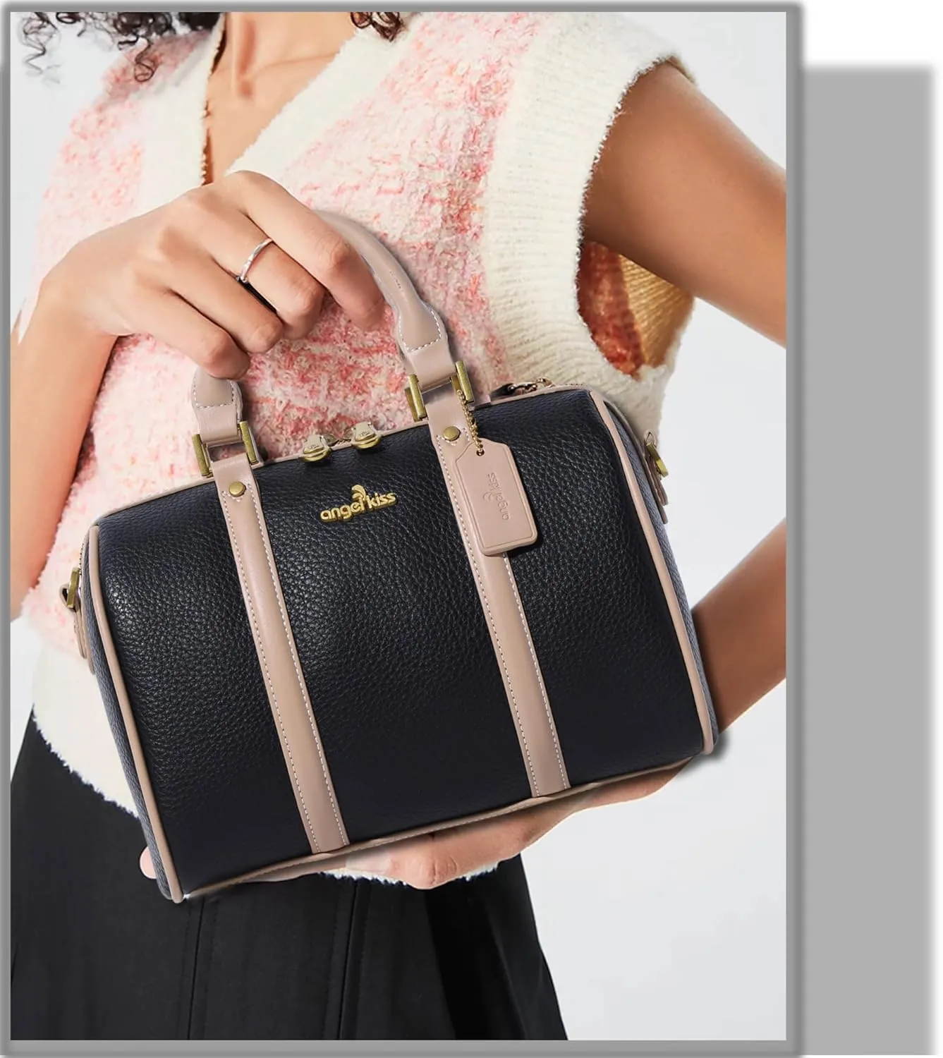 Angel Kiss Women Satchel Purses and Handbags Vegan Leather Boston Barrel Bag Top Handle Shoulder Purse with Crossbody Strap