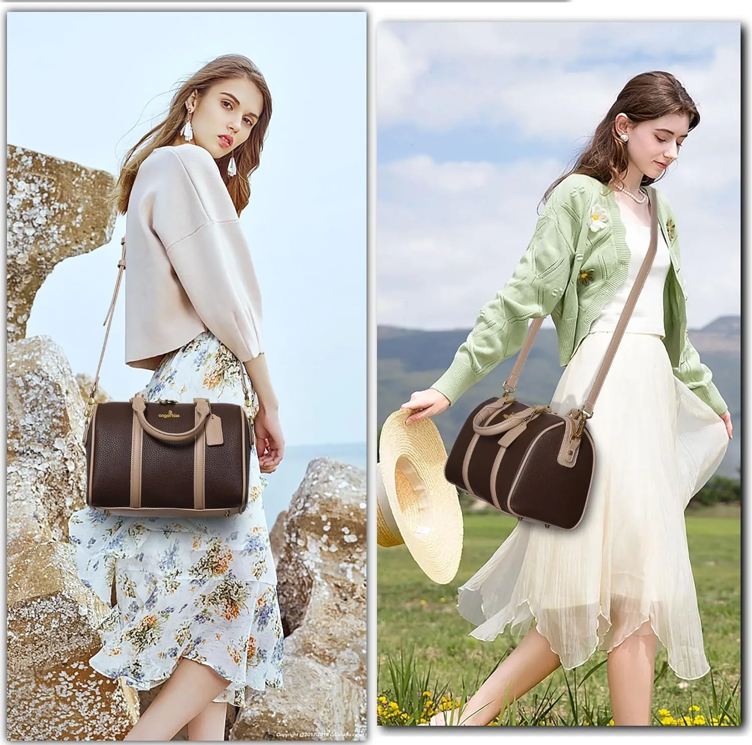 Angel Kiss Women Satchel Purses and Handbags Vegan Leather Boston Barrel Bag Top Handle Shoulder Purse with Crossbody Strap