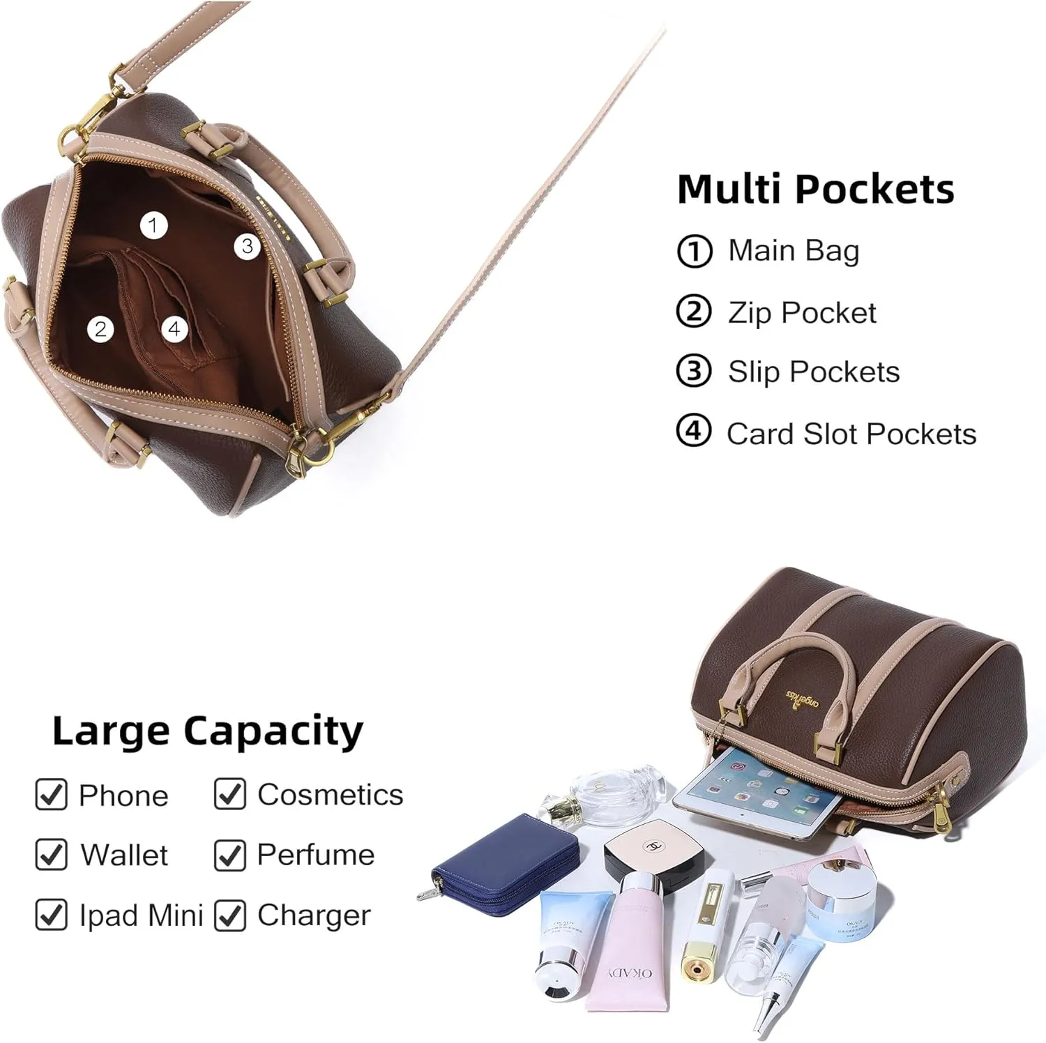 Angel Kiss Women Satchel Purses and Handbags Vegan Leather Boston Barrel Bag Top Handle Shoulder Purse with Crossbody Strap