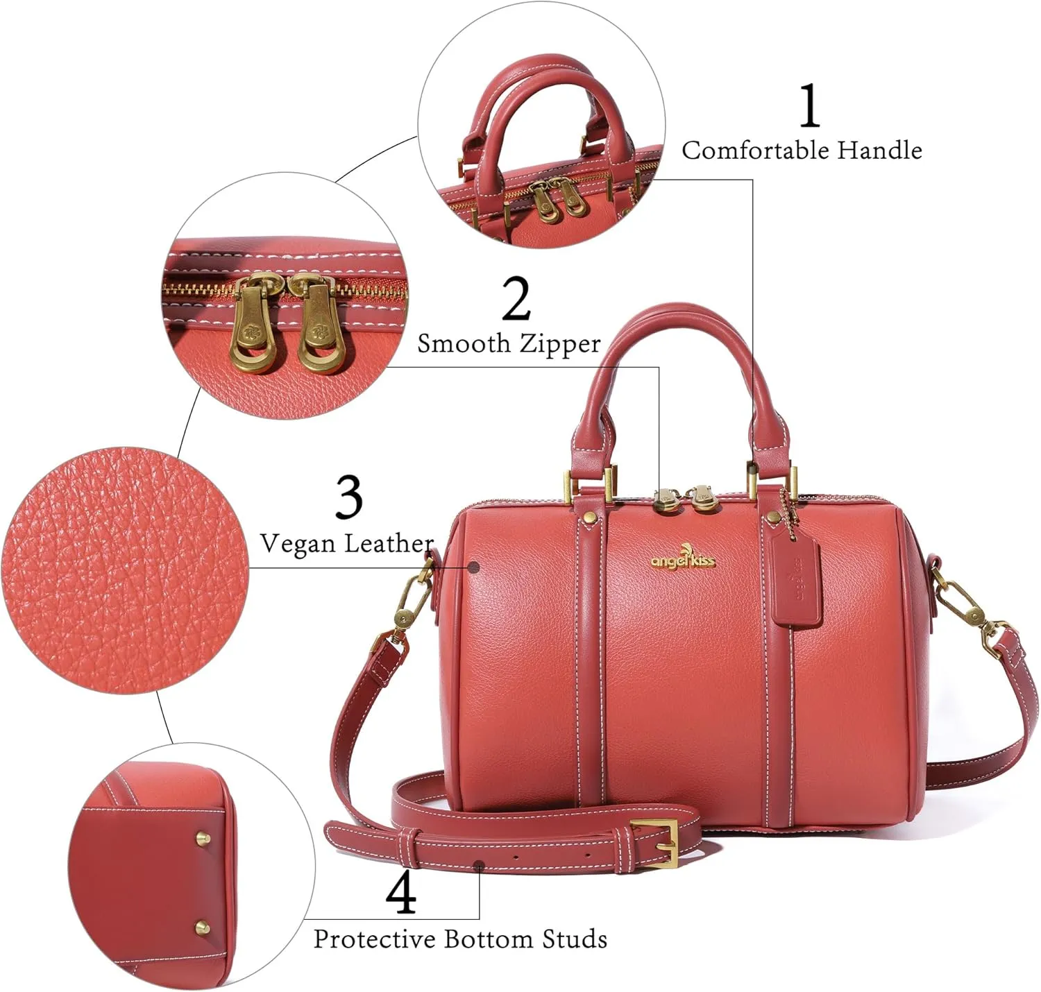 Angel Kiss Women Satchel Purses and Handbags Vegan Leather Boston Barrel Bag Top Handle Shoulder Purse with Crossbody Strap