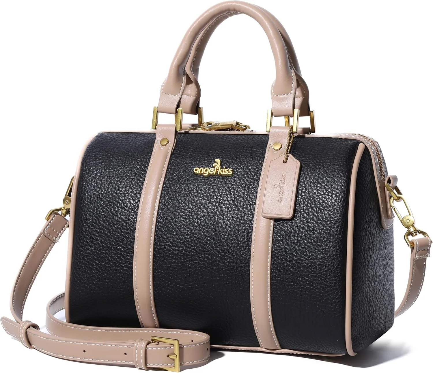Angel Kiss Women Satchel Purses and Handbags Vegan Leather Boston Barrel Bag Top Handle Shoulder Purse with Crossbody Strap