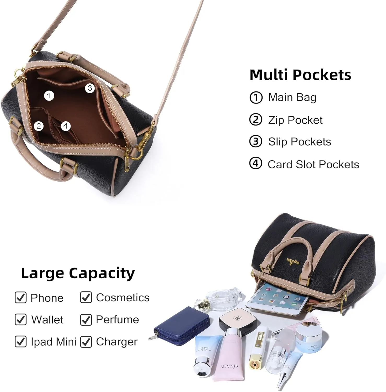 Angel Kiss Women Satchel Purses and Handbags Vegan Leather Boston Barrel Bag Top Handle Shoulder Purse with Crossbody Strap