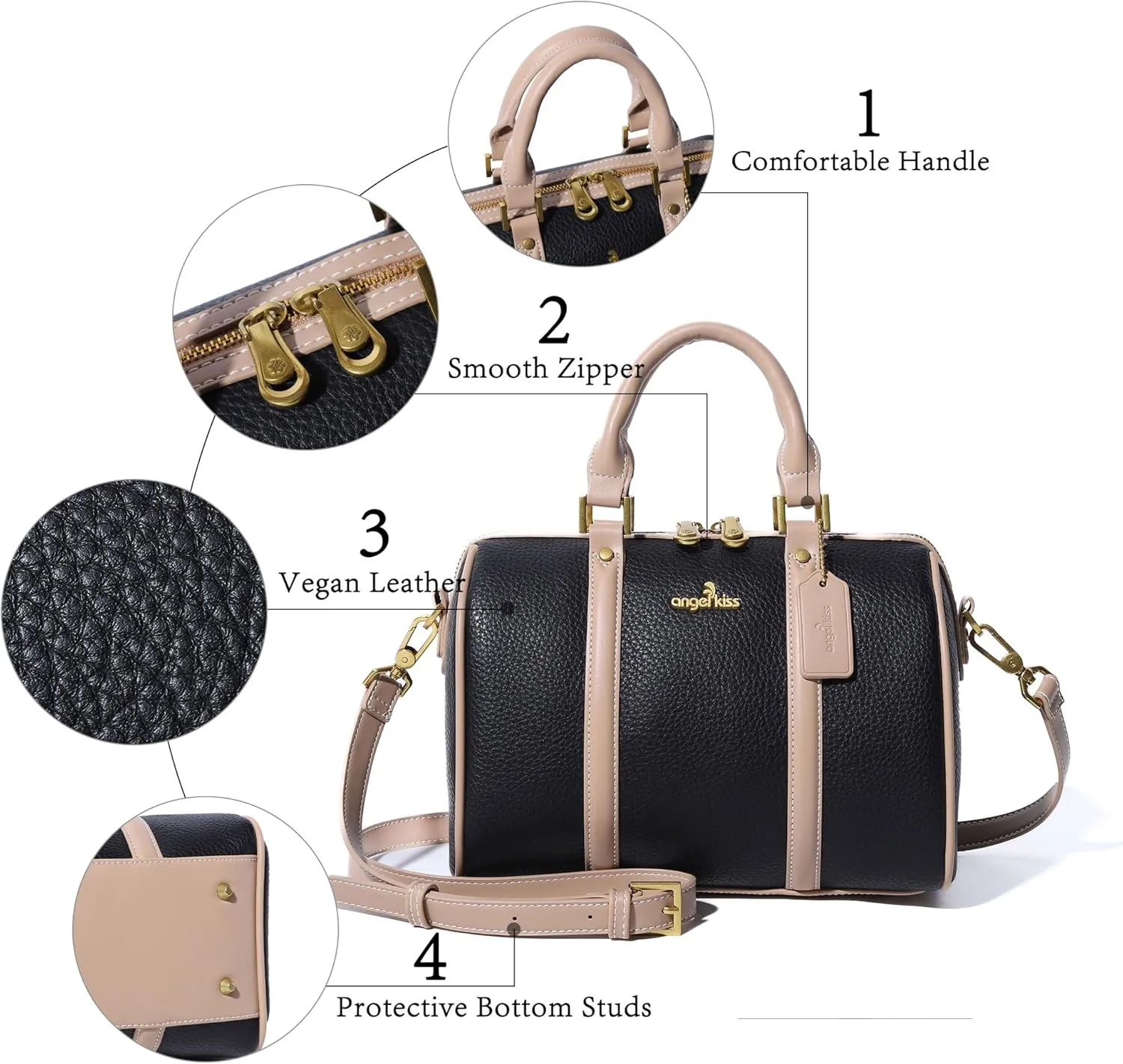 Angel Kiss Women Satchel Purses and Handbags Vegan Leather Boston Barrel Bag Top Handle Shoulder Purse with Crossbody Strap
