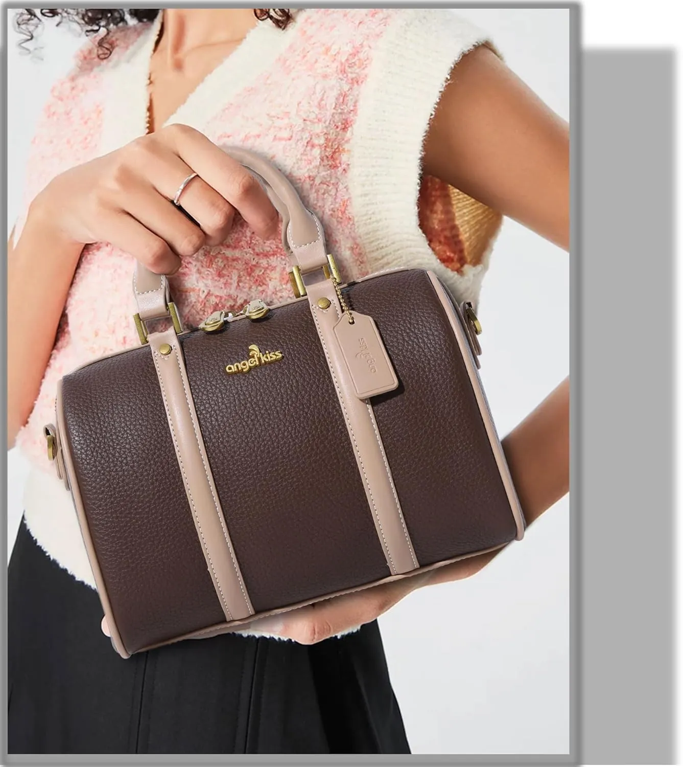 Angel Kiss Women Satchel Purses and Handbags Vegan Leather Boston Barrel Bag Top Handle Shoulder Purse with Crossbody Strap