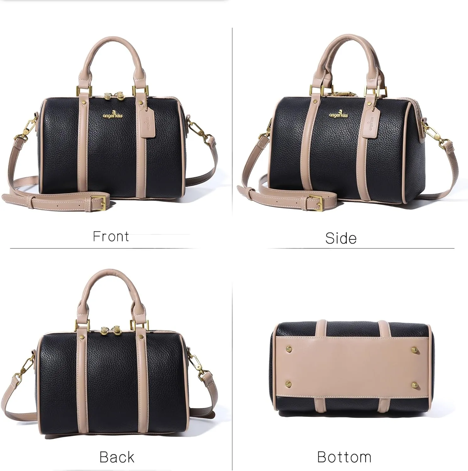 Angel Kiss Women Satchel Purses and Handbags Vegan Leather Boston Barrel Bag Top Handle Shoulder Purse with Crossbody Strap