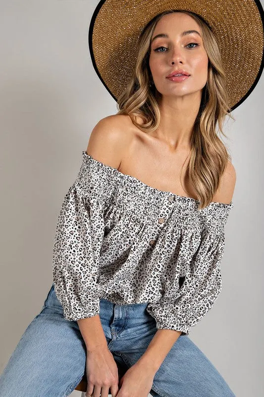 Animal Print Smocked Off Shoulder Top