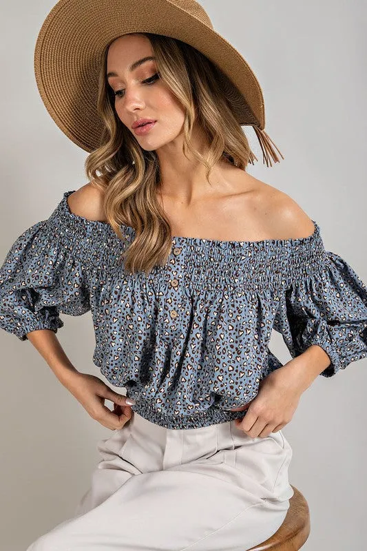 Animal Print Smocked Off Shoulder Top