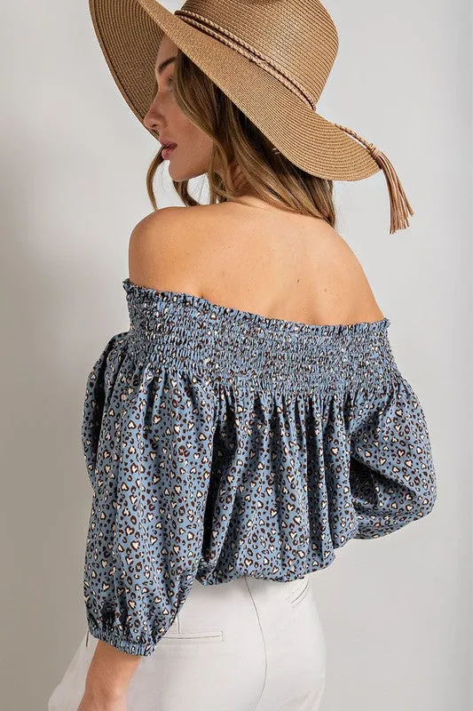 Animal Print Smocked Off Shoulder Top