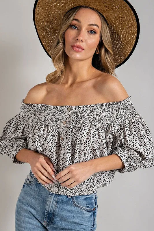Animal Print Smocked Off Shoulder Top