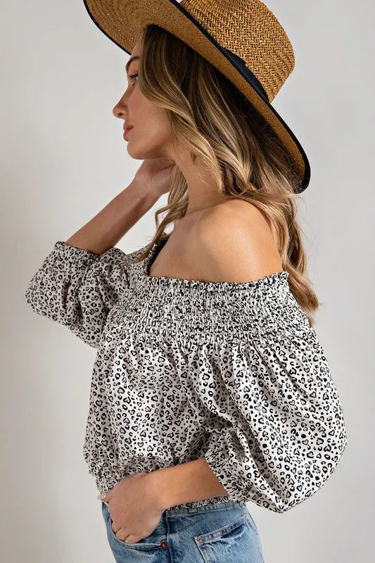 Animal Print Smocked Off Shoulder Top