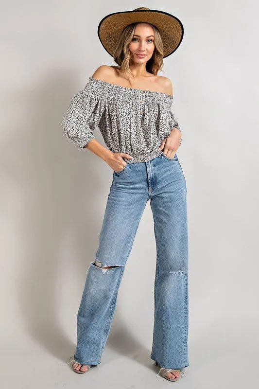 Animal Print Smocked Off Shoulder Top