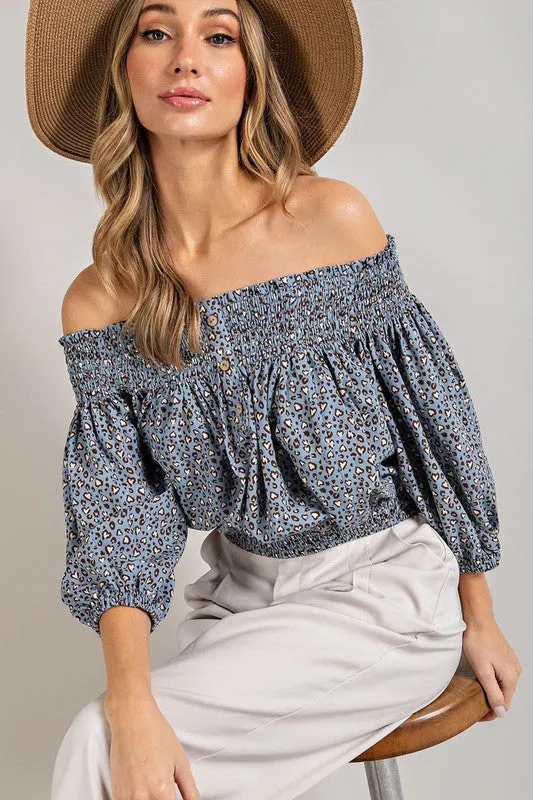 Animal Print Smocked Off Shoulder Top