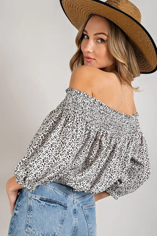 Animal Print Smocked Off Shoulder Top
