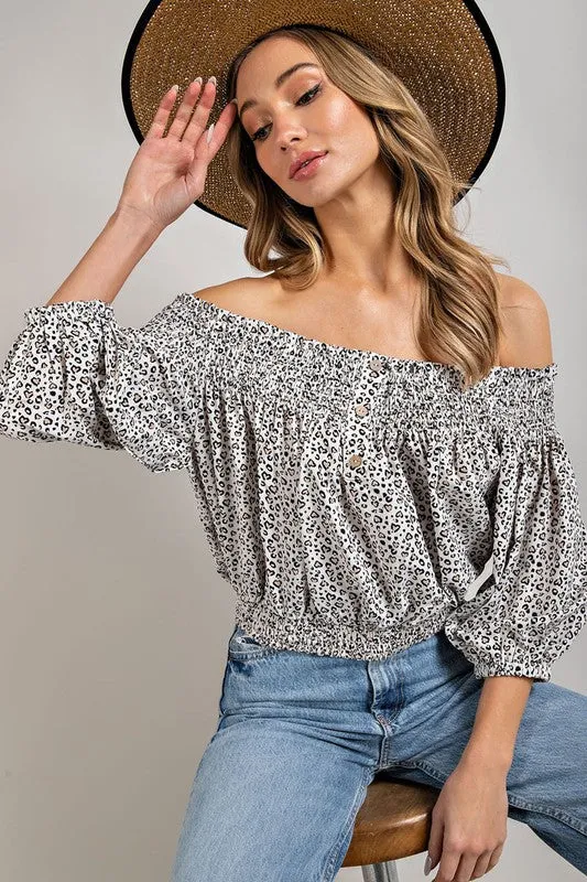 Animal Print Smocked Off Shoulder Top