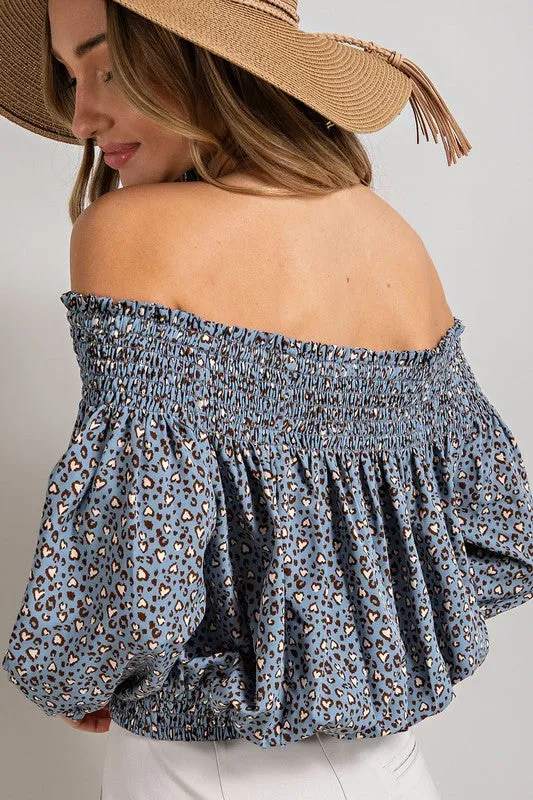Animal Print Smocked Off Shoulder Top