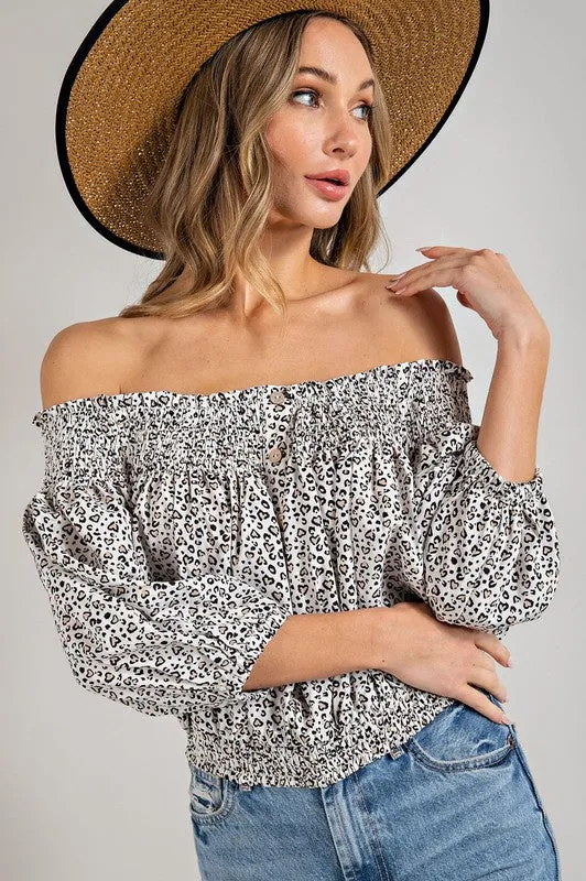 Animal Print Smocked Off Shoulder Top