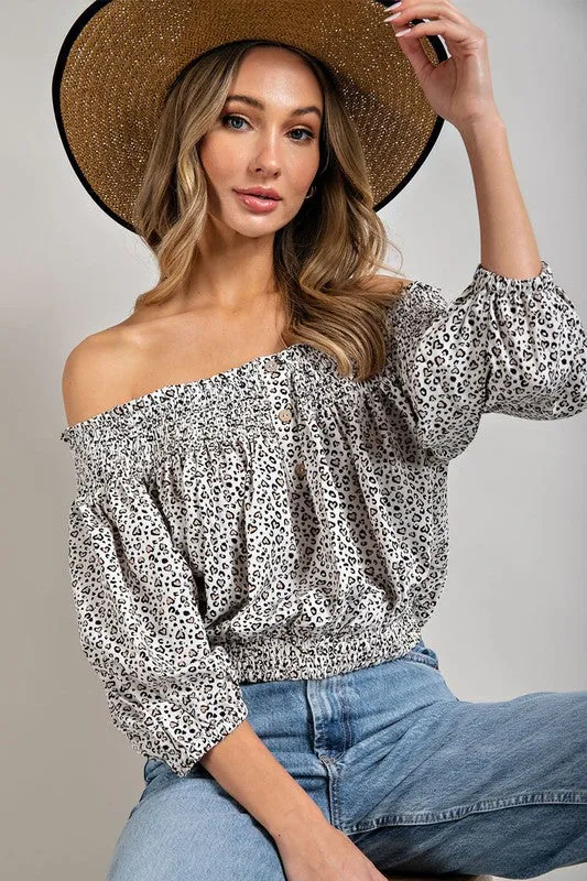 Animal Print Smocked Off Shoulder Top