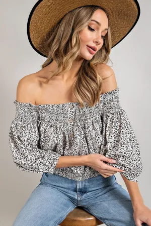 Animal Print Smocked Off Shoulder Top