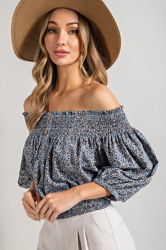 Animal Print Smocked Off Shoulder Top