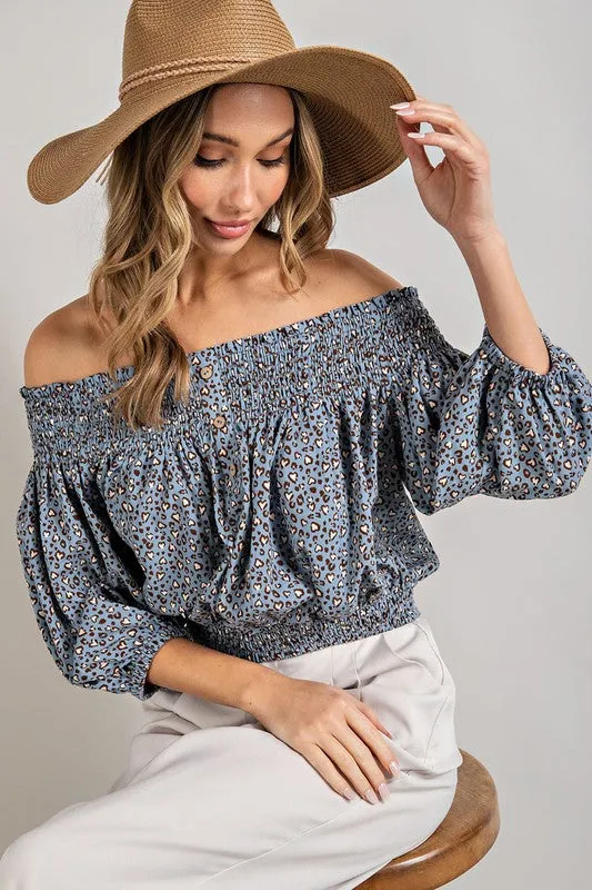 Animal Print Smocked Off Shoulder Top