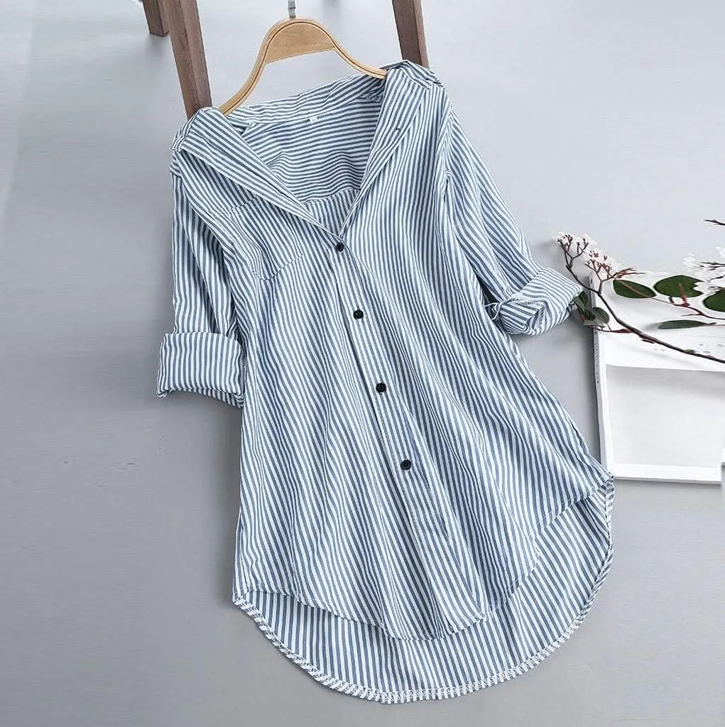 Aniywn Women's Stripe Long Sleeve T-Shirt Casual Loose Button Down Rolled Sleeve Plus Size Comfy Tunic Blouses