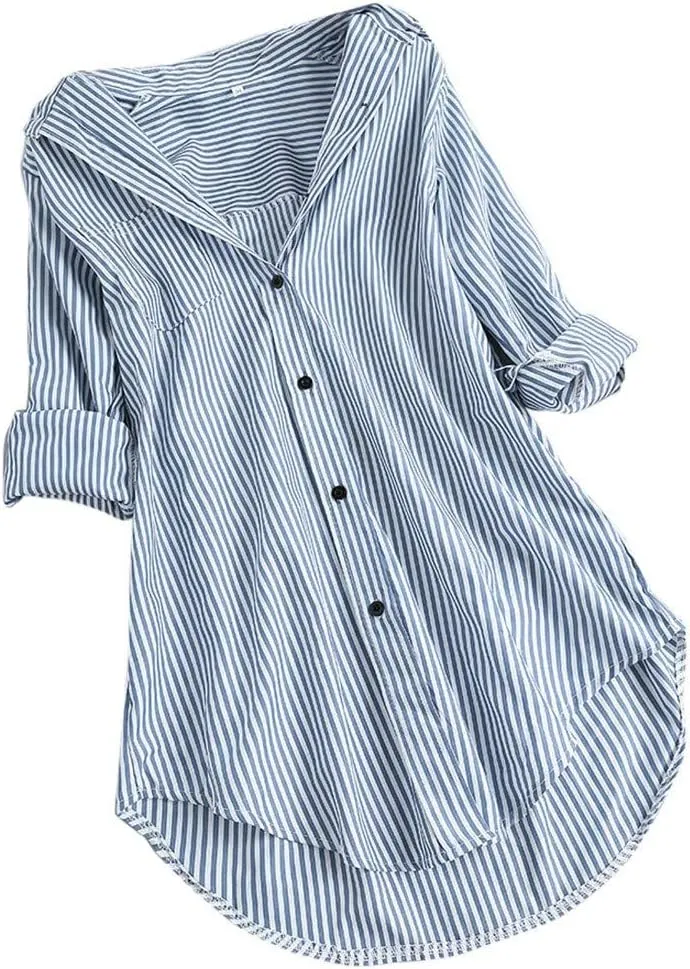 Aniywn Women's Stripe Long Sleeve T-Shirt Casual Loose Button Down Rolled Sleeve Plus Size Comfy Tunic Blouses
