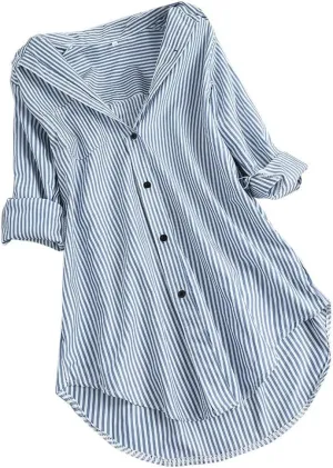 Aniywn Women's Stripe Long Sleeve T-Shirt Casual Loose Button Down Rolled Sleeve Plus Size Comfy Tunic Blouses