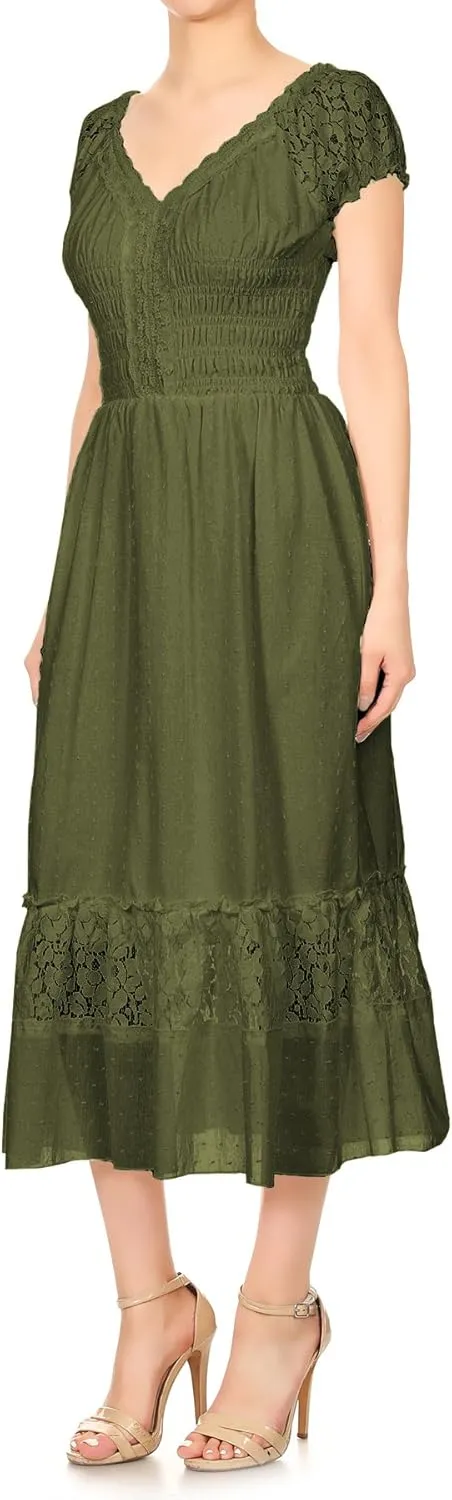 Anna-Kaci Renaissance Peasant Maiden Boho Inspired Cap Sleeve Lace Trim Maxi Dress