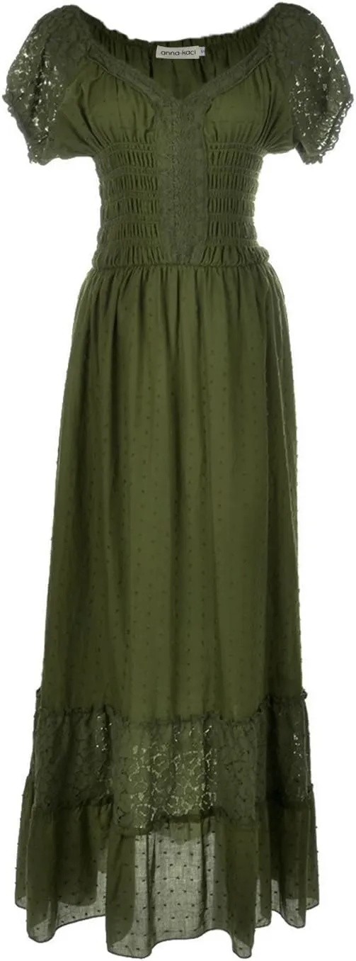 Anna-Kaci Renaissance Peasant Maiden Boho Inspired Cap Sleeve Lace Trim Maxi Dress