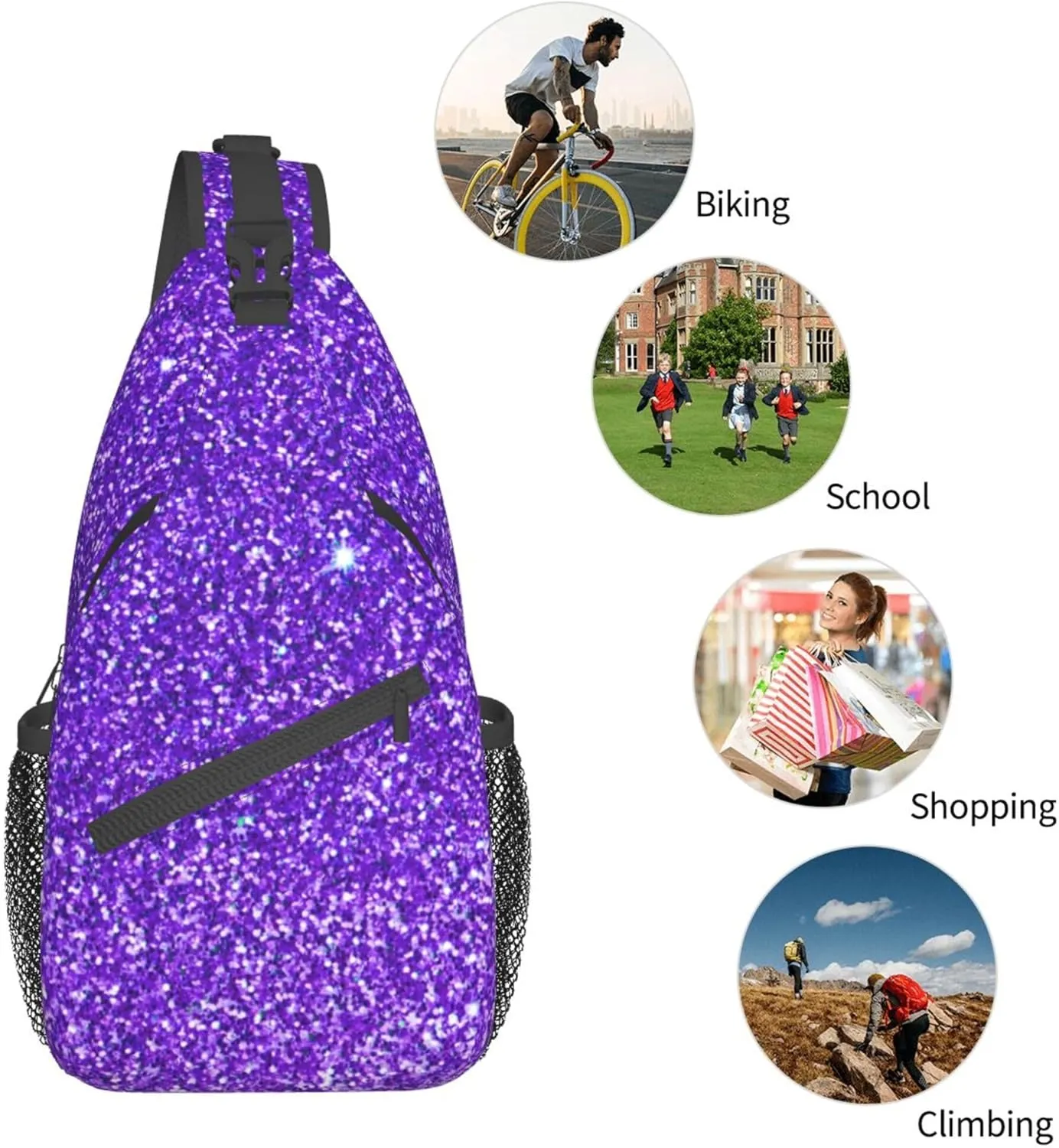 Anti-Theft purple Glitter Sparkle texture Shoulder Backpack Sling Chest Crossbody Bag Cover Pack Rucksack Bicycle Sport