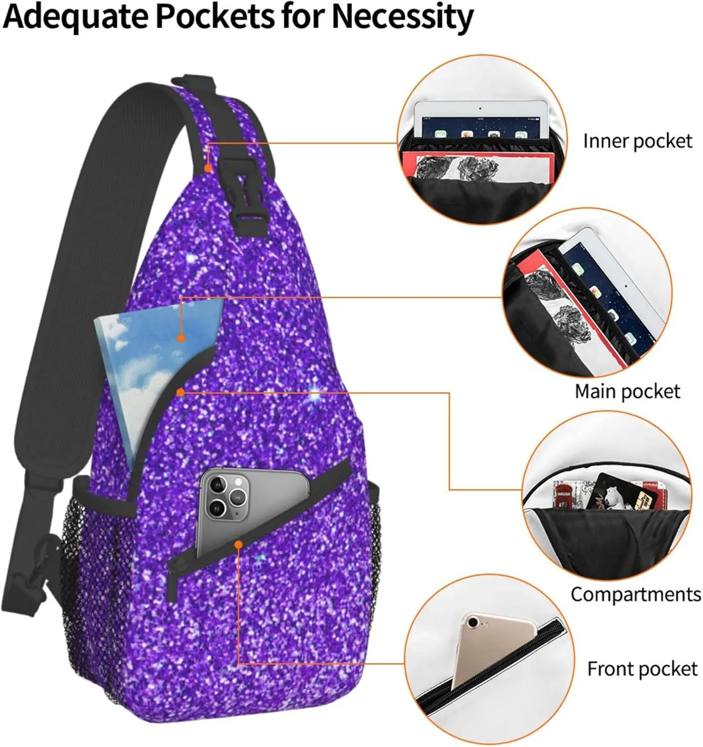 Anti-Theft purple Glitter Sparkle texture Shoulder Backpack Sling Chest Crossbody Bag Cover Pack Rucksack Bicycle Sport