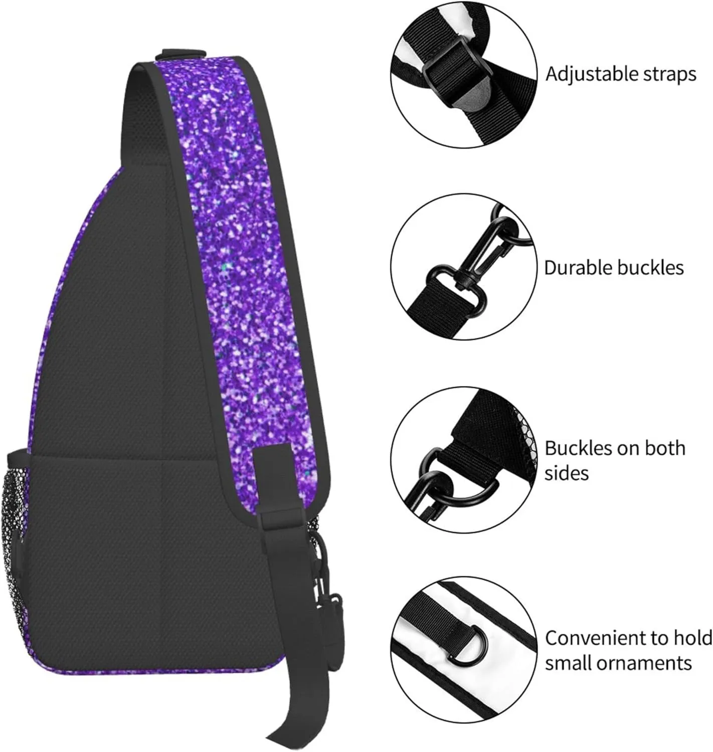 Anti-Theft purple Glitter Sparkle texture Shoulder Backpack Sling Chest Crossbody Bag Cover Pack Rucksack Bicycle Sport