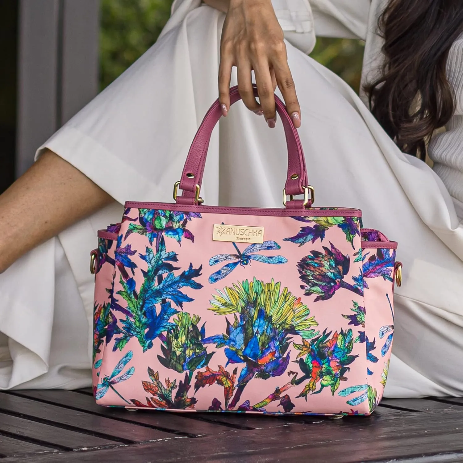 Anuschka Multicompartment Satchel-Wanderlust Collection-Nylon Fabric with Leather Trim and Artwork Print