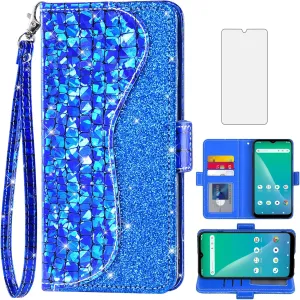 Asuwish Phone Case for Cricket Icon 5 SL112C/AT&T Motivate 4 SL112A Wallet Cover with Tempered Glass Screen Protector and Flip Card Holder Bling Glitter Cell Icon5/ATT Motivate4 Women Girls Blue