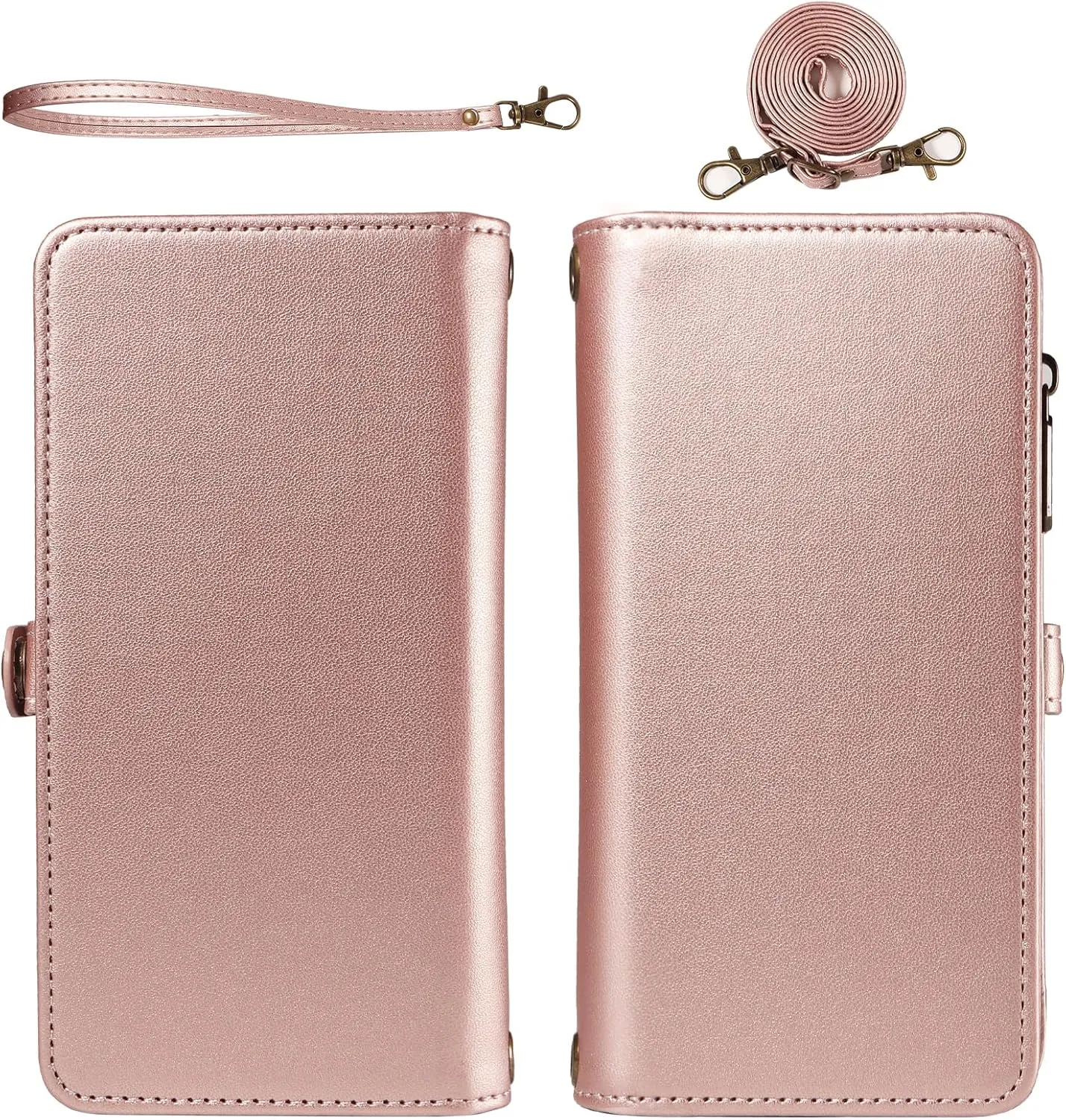 Asuwish Phone Case for Nokia G310/G42 5G Zipper Wallet Detachable Cover with Tempered Glass Screen Protector Crossbody Lanyard Strap Flip Card Holder Slot NokiaG310 G 310 310G Women Men Rose Gold