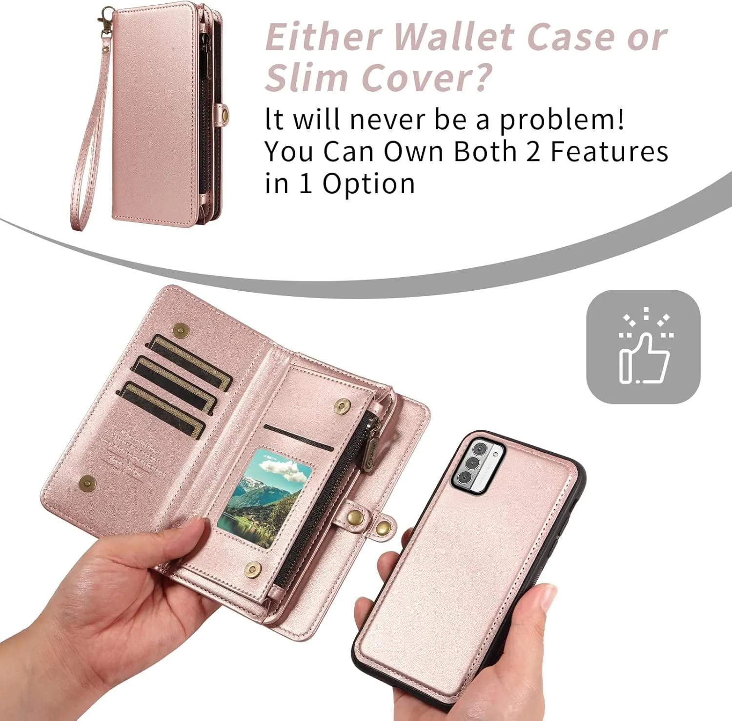 Asuwish Phone Case for Nokia G310/G42 5G Zipper Wallet Detachable Cover with Tempered Glass Screen Protector Crossbody Lanyard Strap Flip Card Holder Slot NokiaG310 G 310 310G Women Men Rose Gold