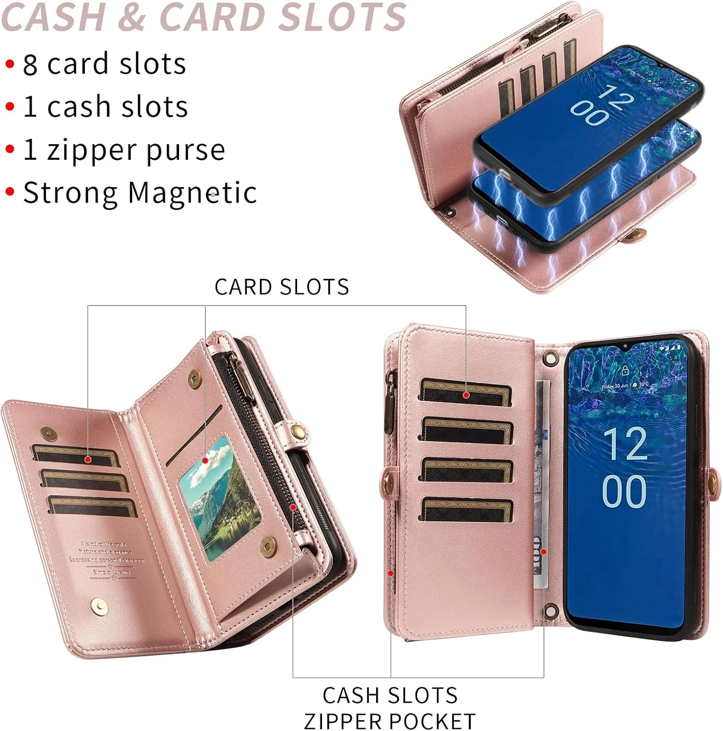 Asuwish Phone Case for Nokia G310/G42 5G Zipper Wallet Detachable Cover with Tempered Glass Screen Protector Crossbody Lanyard Strap Flip Card Holder Slot NokiaG310 G 310 310G Women Men Rose Gold