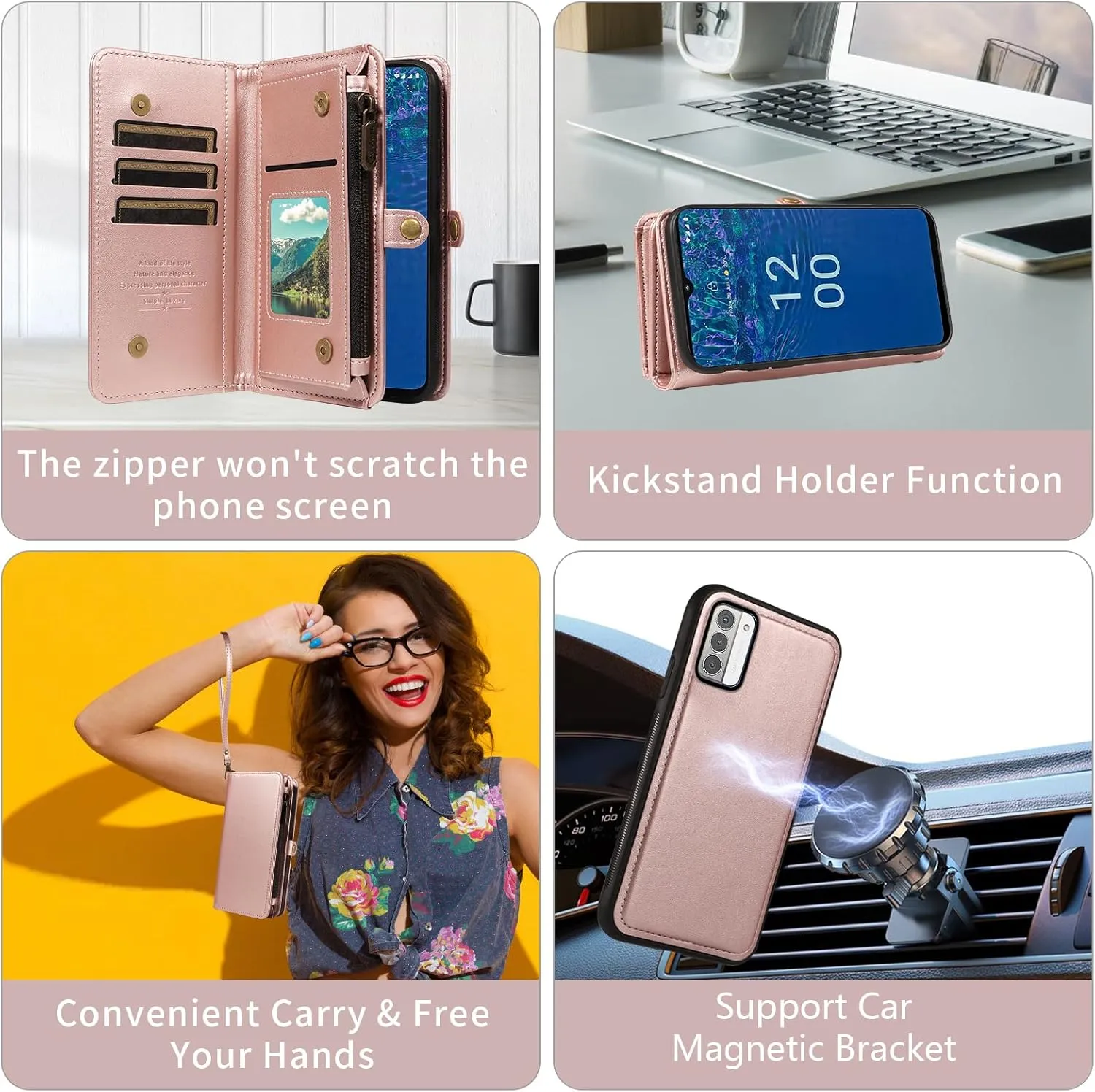 Asuwish Phone Case for Nokia G310/G42 5G Zipper Wallet Detachable Cover with Tempered Glass Screen Protector Crossbody Lanyard Strap Flip Card Holder Slot NokiaG310 G 310 310G Women Men Rose Gold