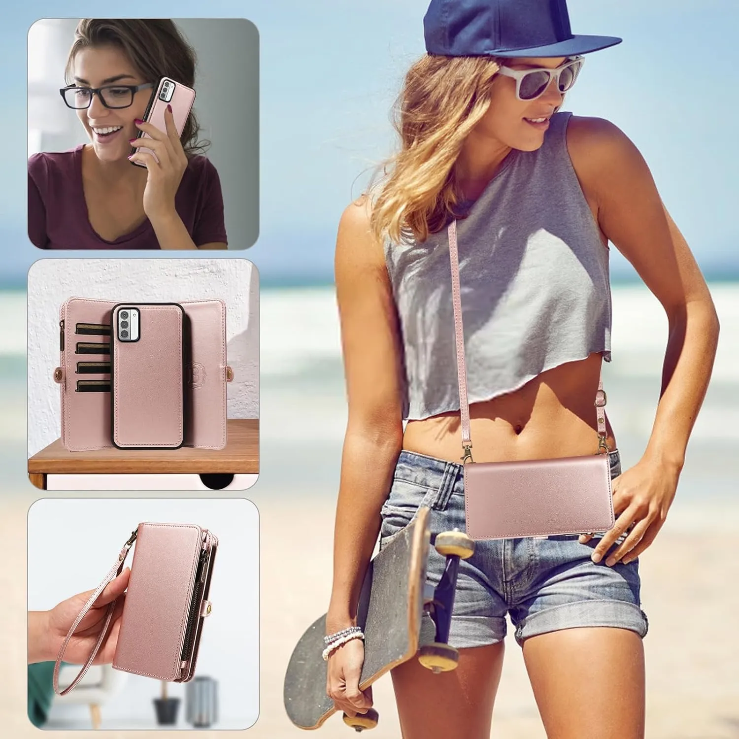 Asuwish Phone Case for Nokia G310/G42 5G Zipper Wallet Detachable Cover with Tempered Glass Screen Protector Crossbody Lanyard Strap Flip Card Holder Slot NokiaG310 G 310 310G Women Men Rose Gold