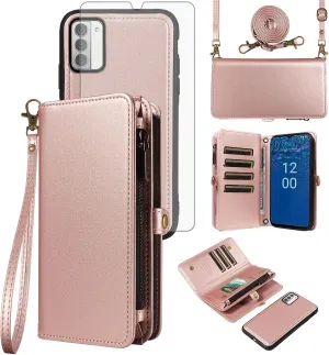 Asuwish Phone Case for Nokia G310/G42 5G Zipper Wallet Detachable Cover with Tempered Glass Screen Protector Crossbody Lanyard Strap Flip Card Holder Slot NokiaG310 G 310 310G Women Men Rose Gold