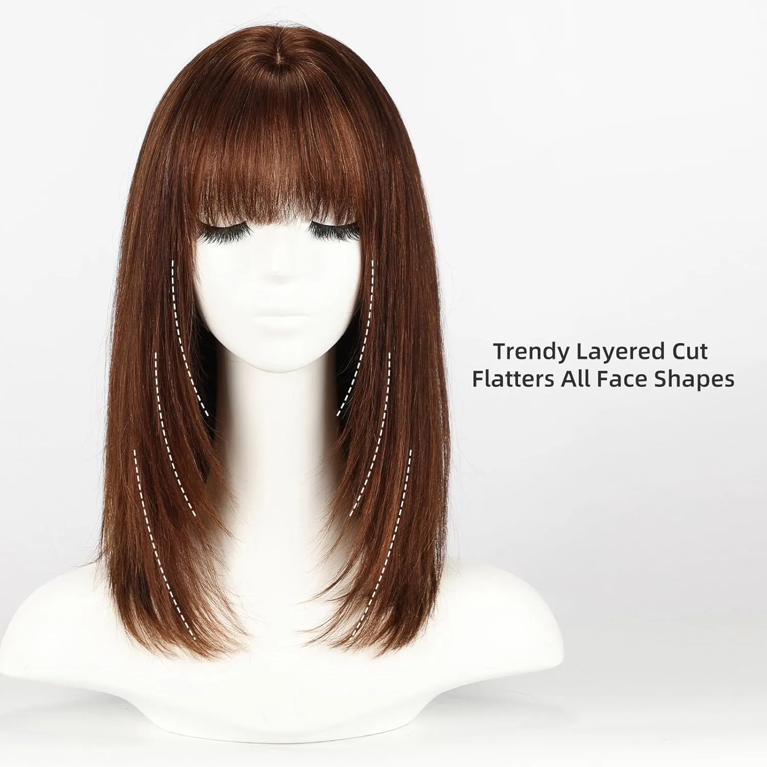 Auburn 16inch Human Hair Wigs for Women Shoulder Length Layered Real Hair Wig with Natural Look and Bangs