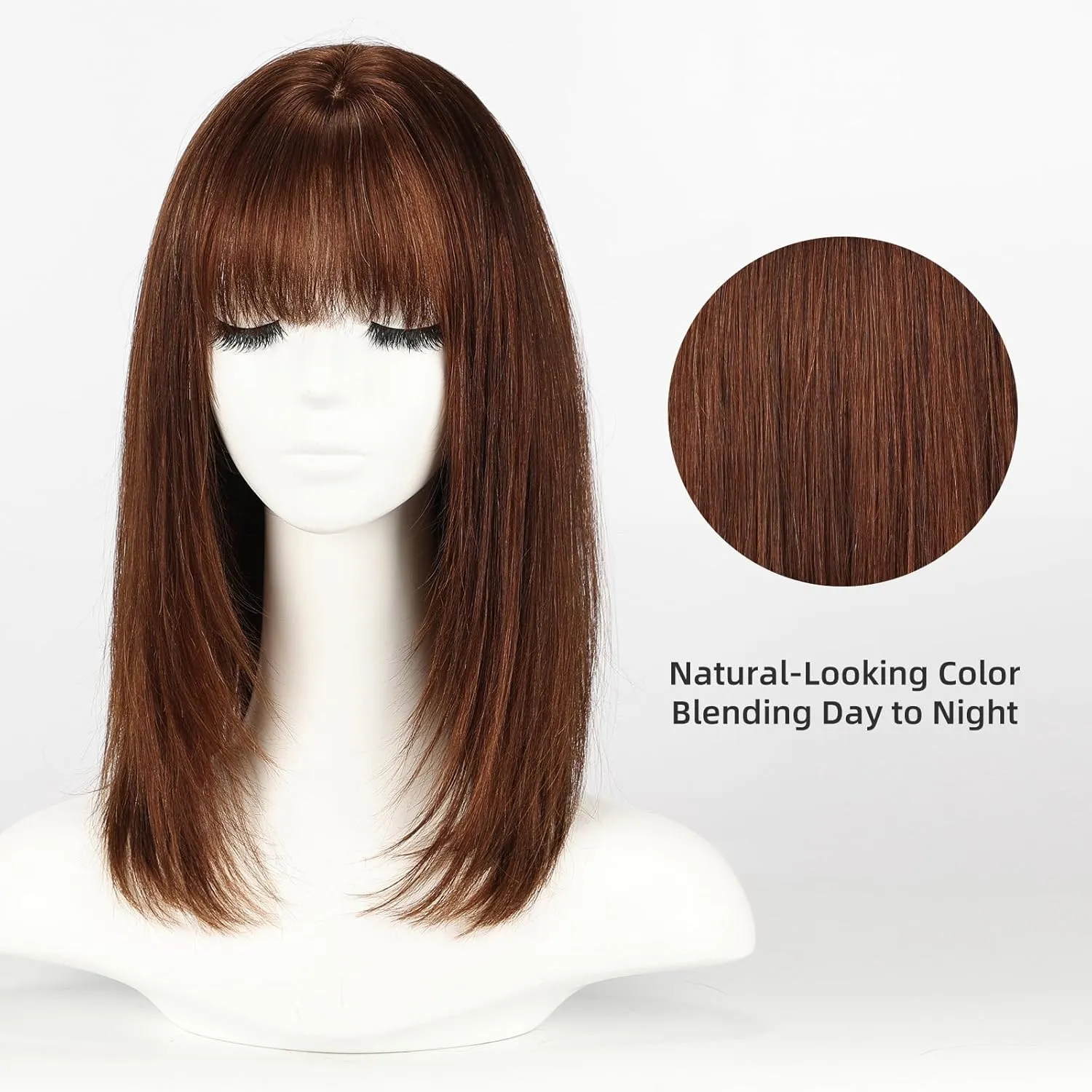 Auburn 16inch Human Hair Wigs for Women Shoulder Length Layered Real Hair Wig with Natural Look and Bangs
