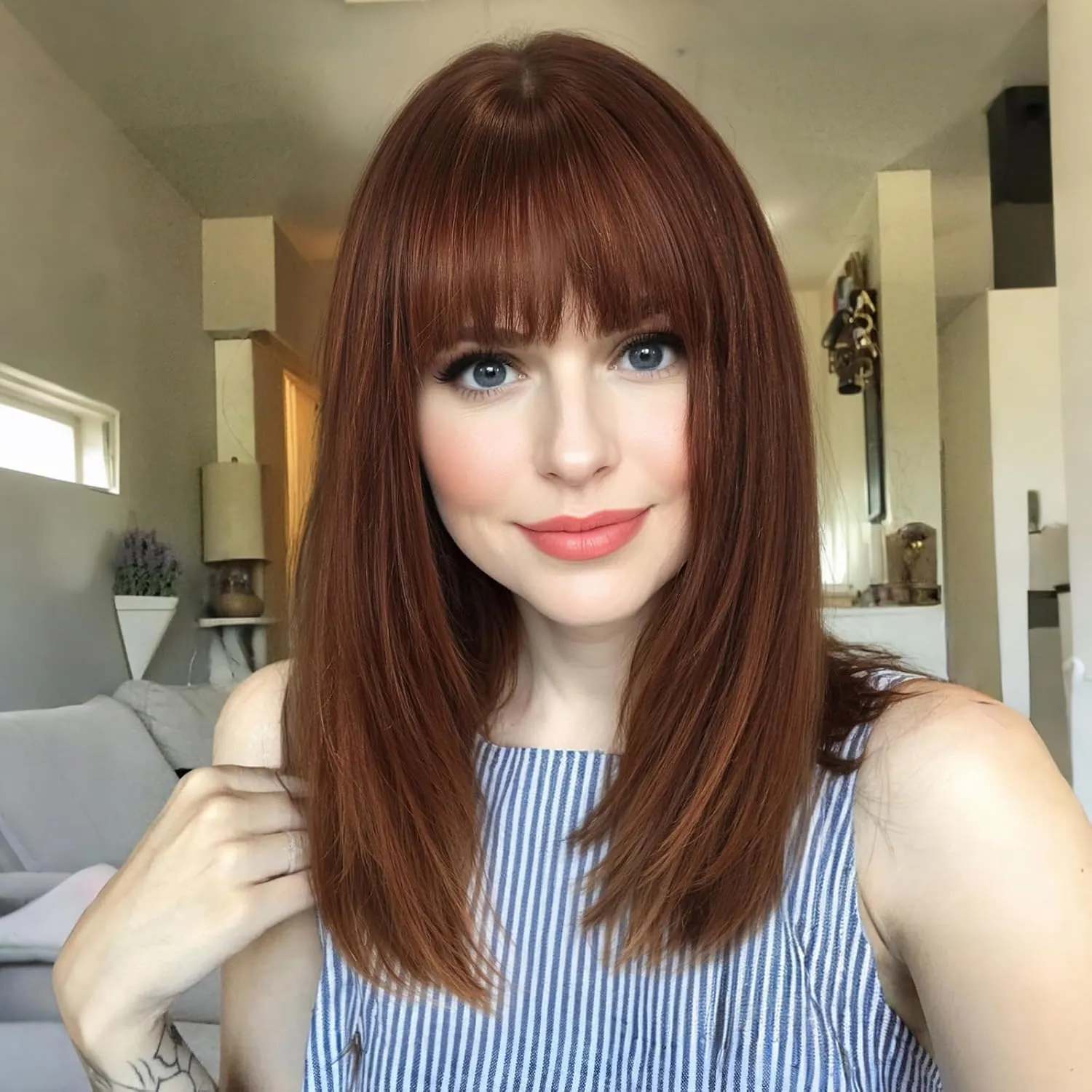 Auburn 16inch Human Hair Wigs for Women Shoulder Length Layered Real Hair Wig with Natural Look and Bangs