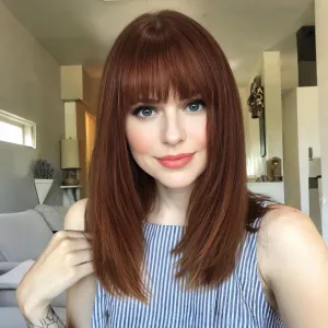 Auburn 16inch Human Hair Wigs for Women Shoulder Length Layered Real Hair Wig with Natural Look and Bangs