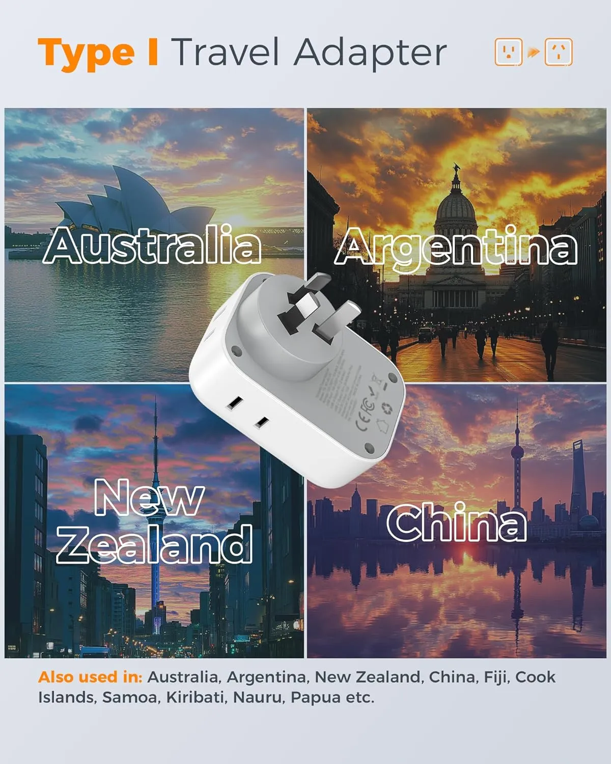 Australia New Zealand Power Adapter 2 Pack, TESSAN Australian Travel Adaptor with 4 Outlets 3 USB (2 USB-C), Type I Plug Adapter for US to Argentina China Fiji Samoa Tonga Kiribati