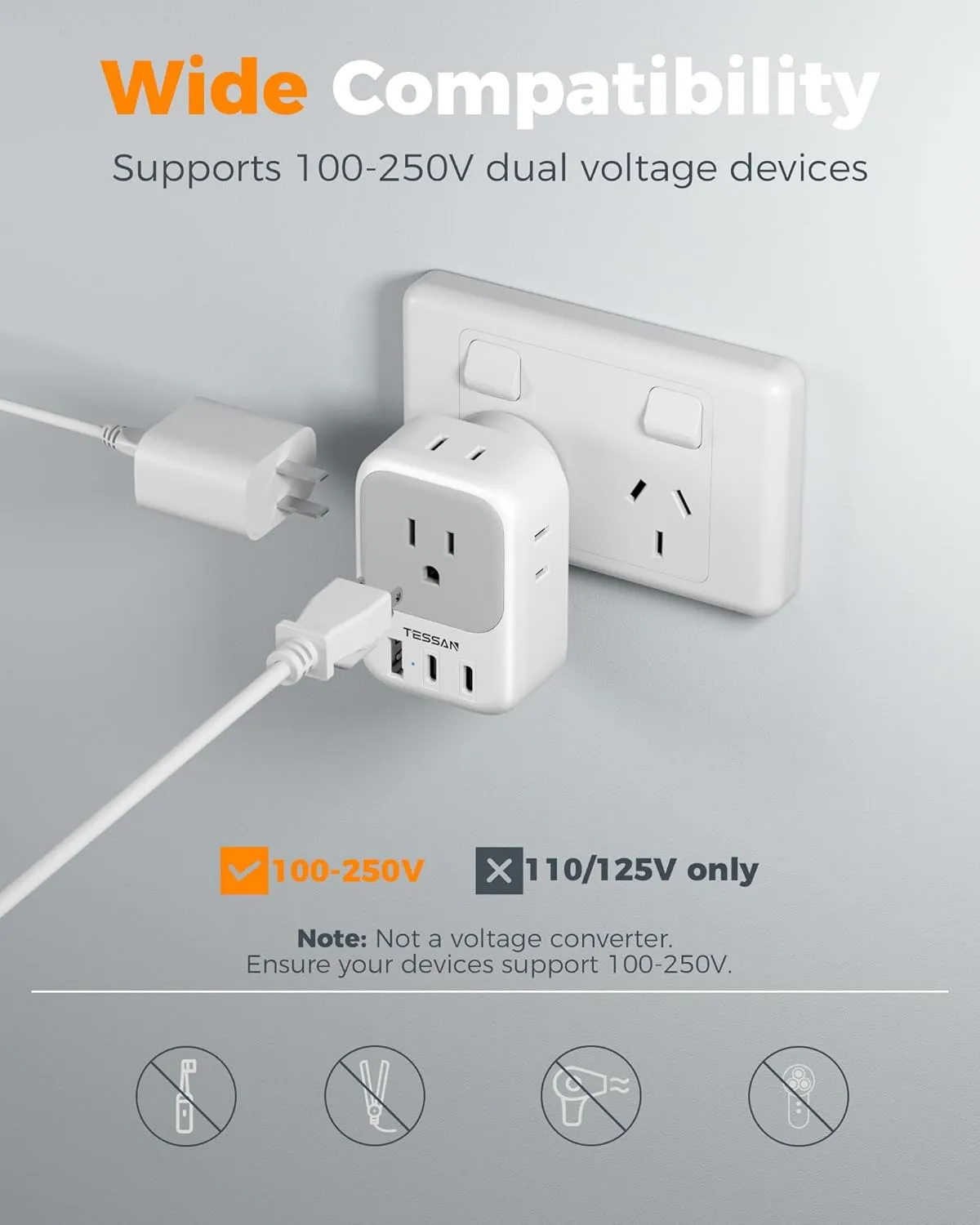 Australia New Zealand Power Adapter 2 Pack, TESSAN Australian Travel Adaptor with 4 Outlets 3 USB (2 USB-C), Type I Plug Adapter for US to Argentina China Fiji Samoa Tonga Kiribati