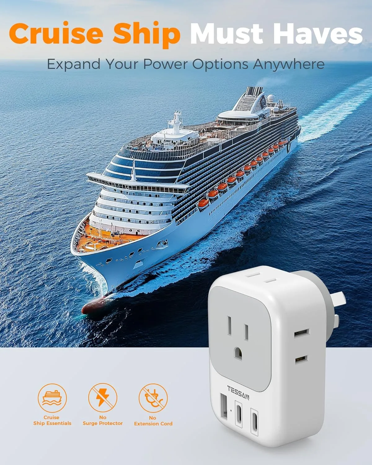 Australia New Zealand Power Adapter 2 Pack, TESSAN Australian Travel Adaptor with 4 Outlets 3 USB (2 USB-C), Type I Plug Adapter for US to Argentina China Fiji Samoa Tonga Kiribati