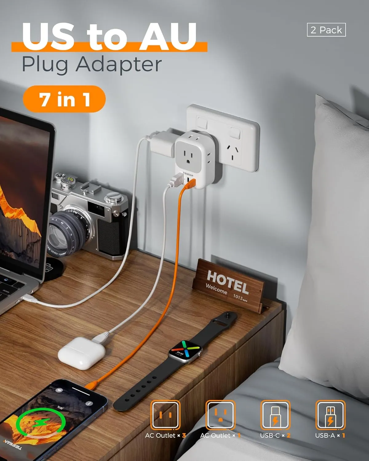 Australia New Zealand Power Adapter 2 Pack, TESSAN Australian Travel Adaptor with 4 Outlets 3 USB (2 USB-C), Type I Plug Adapter for US to Argentina China Fiji Samoa Tonga Kiribati