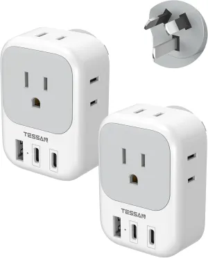 Australia New Zealand Power Adapter 2 Pack, TESSAN Australian Travel Adaptor with 4 Outlets 3 USB (2 USB-C), Type I Plug Adapter for US to Argentina China Fiji Samoa Tonga Kiribati